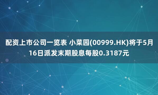 配资上市公司一览表 小菜园(00999.HK)将于5月16日派发末期股息每股0.3187元